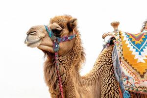 A camel with a colorful saddle on its back photo