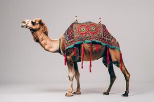 A camel with a saddle on its back photo