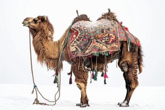A camel with a blanket on its back photo