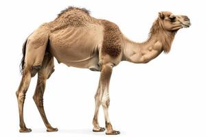 A camel is standing in front of a white background photo