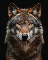 A wolf with bright yellow eyes on a black background photo