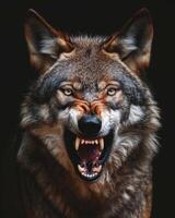 An angry wolf with its mouth open photo