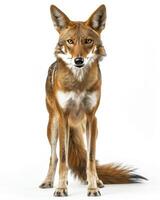 A red fox standing in front of a white background photo