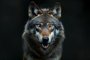 A wolf is looking at the camera with its mouth open photo