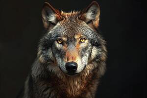 A wolf with yellow eyes is looking at the camera photo