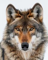 A close up of a wolf looking at the camera photo