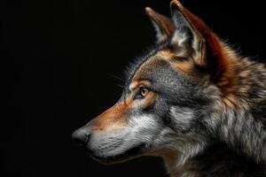 A wolf is looking to the side in a dark background photo
