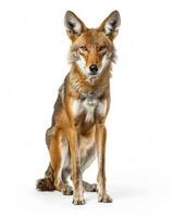 A jackal is sitting down on a white background photo