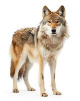 A wolf standing in front of a white background photo