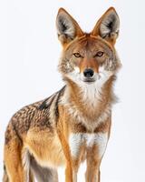 A black backed jackal standing in front of a white background photo