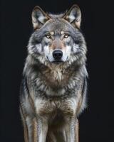 A wolf is standing in front of a black background photo