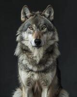 A wolf is sitting in front of a black background photo