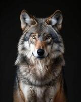 A wolf is looking at the camera in front of a black background photo