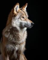 A wolf is sitting in front of a black background photo