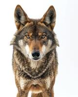 A wolf is standing in front of a white background photo