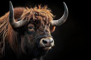 A close up of a brown bull with long horns photo
