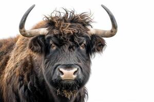 A close up of a brown bull with long horns photo