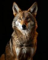 A coyote is sitting in front of a black background photo