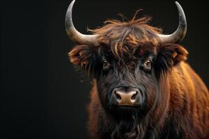 A close up of a brown bull with long horns photo