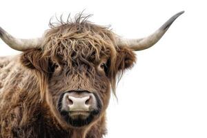 A close up of a cow with long horns photo