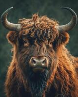 A close up of a brown cow with long horns photo