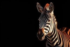 A zebra is standing in front of a black background photo
