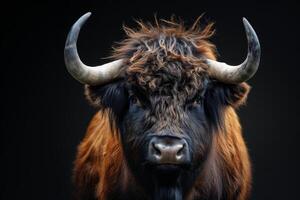A close up of a brown bull with long horns photo