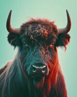 A close up of a bull with horns photo