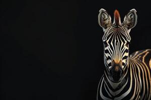A zebra is standing in front of a black background photo