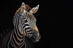 A zebra is standing in front of a black background photo