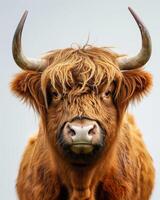 A brown cow with long horns on a gray background photo