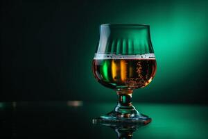 A glass of beer on a table with a green light photo