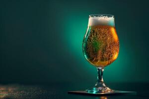 A glass of beer on a table with a green background photo