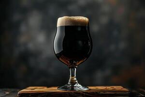 A glass of dark beer sitting on a wooden board photo