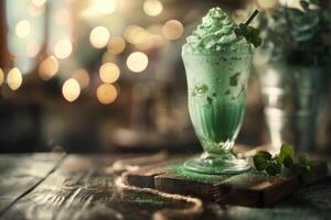 A green milkshake with mint and whipped cream photo