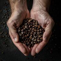 Hands holding coffee beans on a dark background photo