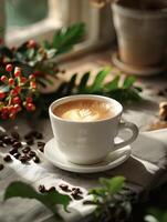 A cup of coffee sits on a table next to a plant photo