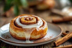 Cinnamon rolls with icing on a plate photo