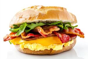 A close up of a breakfast sandwich with bacon, eggs, and cheese photo