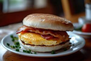 A breakfast sandwich with bacon and eggs on a white plate photo