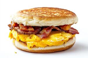 A breakfast sandwich with bacon and eggs photo