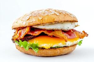 A close up of a breakfast sandwich with bacon, eggs and cheese photo