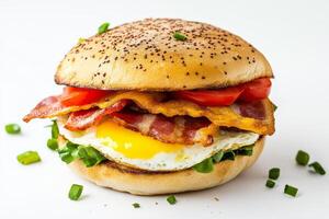 A bacon, egg and cheese sandwich with tomatoes and green onions photo