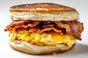 A breakfast sandwich with bacon and eggs photo