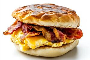 A breakfast sandwich with bacon and eggs photo