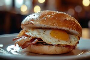 A close up of a breakfast sandwich with bacon and an egg photo