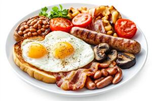 A plate with breakfast food including eggs, bacon, beans and tomatoes photo