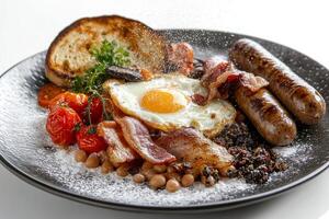 A plate with eggs, beans, sausage and toast photo