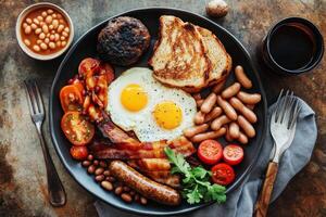 A plate with breakfast food, including eggs, beans, tomatoes and bacon photo