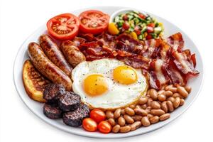 A plate with eggs, beans, bacon and tomatoes photo
